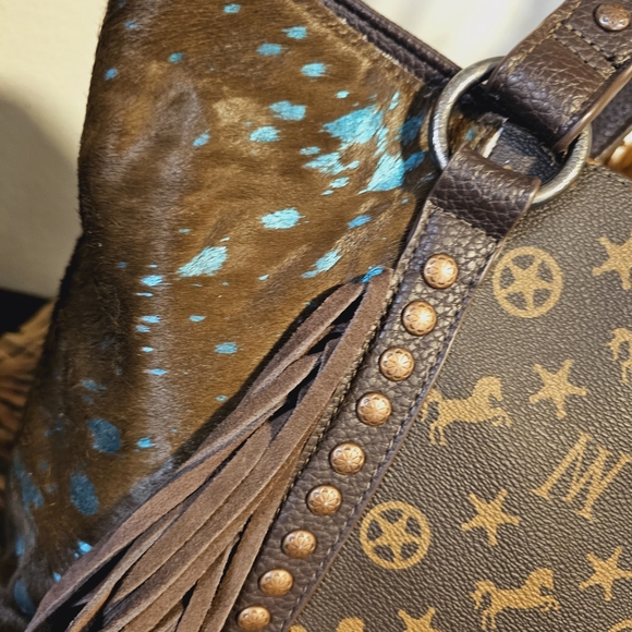 MONTANA WEST Teal Metallic Calf Hair w/ Fringe LoGo Tote NWOT - Picture 8 of 8